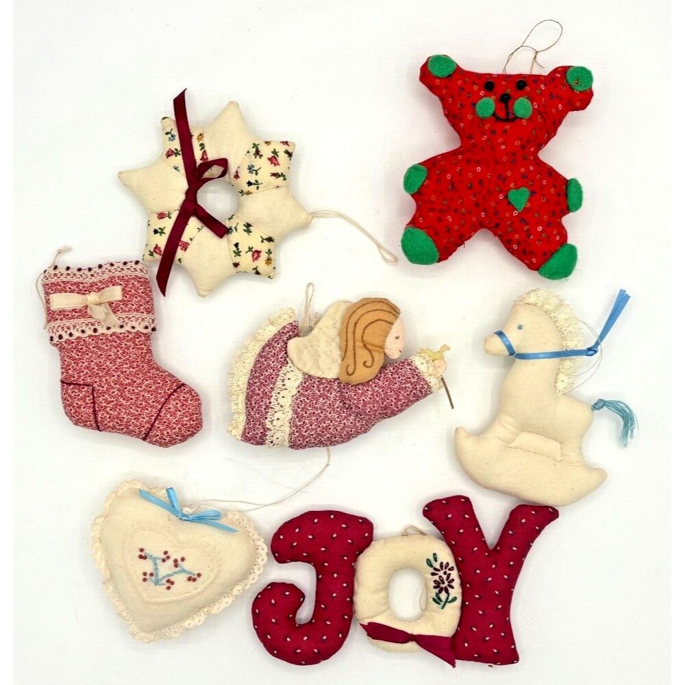 Vintage Handcrafted Fabric Christmas Ornaments Set of 7 Embroidered Farmhouse
